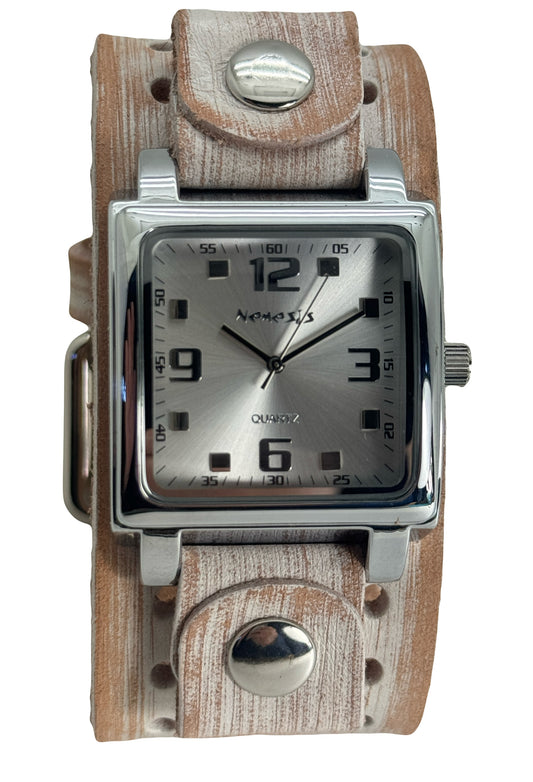 Lite SQ Silver Watch with Vintage white Leather Cuff