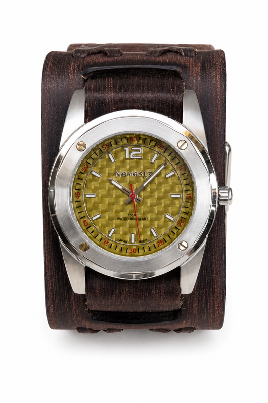 Bvdx051Y Carbon Fiber Watch with Perforated Vintage double X Brown Leather Cuff