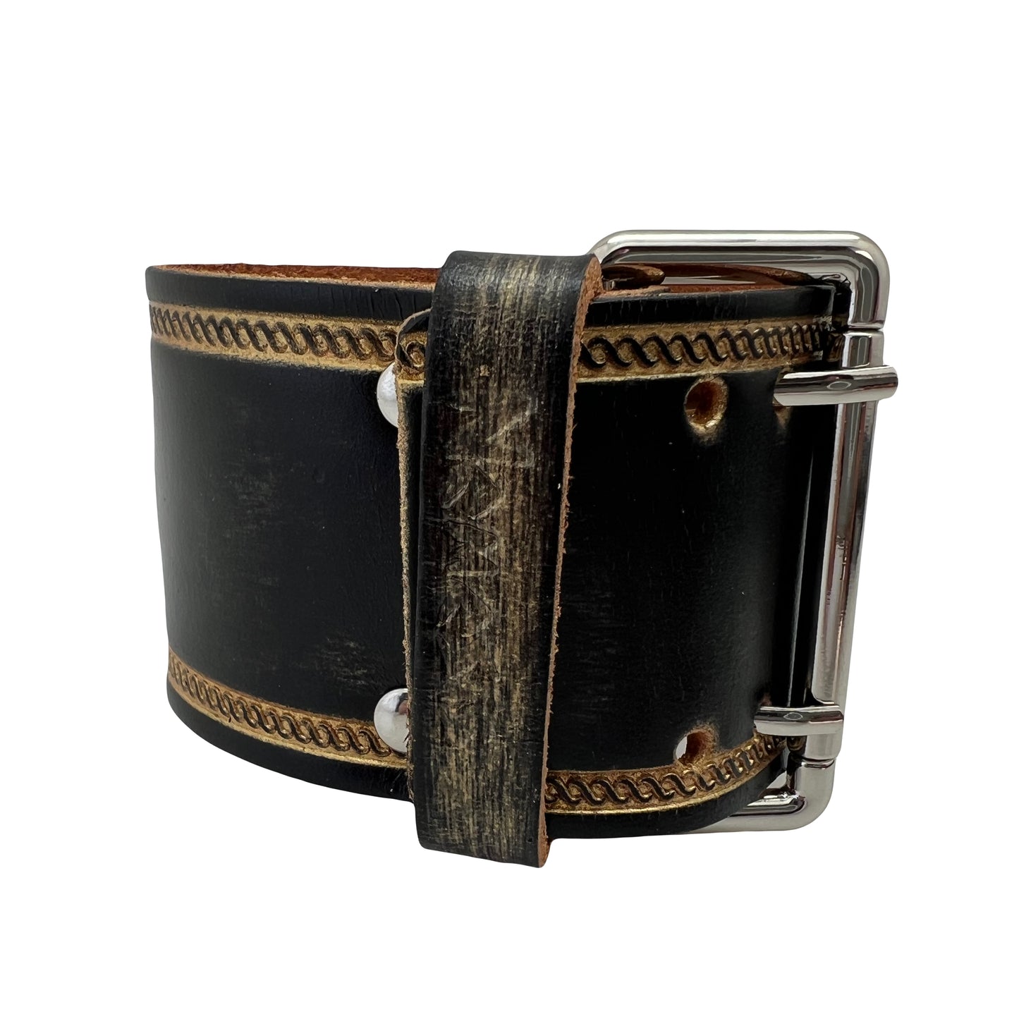 KUIN Double Stitched Embossed Distressed Brown Leather Wide Cuff