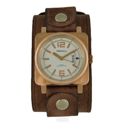 White Signature Rose Tone Watch with Faded Brown XL Stitch Leather Cuff Band FBLBB062S