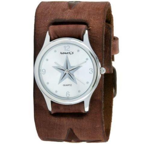 Silver Vintage Punk Rock Star Watch with Faded Brown Embossed Star Leather Cuff Band 355BFST-S