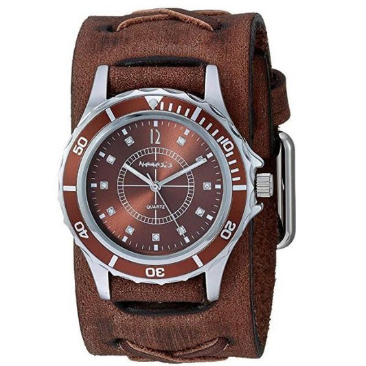 Bella Ladies Brown Watch with X Distressed Brown Leather Cuff BFXB092B