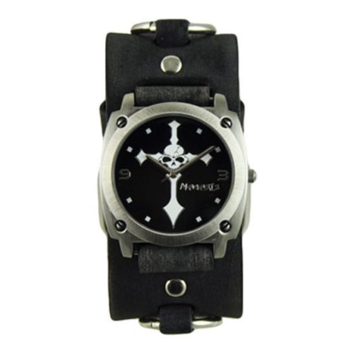 Black Skull Cross Watch with Faded Black Ring Leather Cuff Band DFRB927K