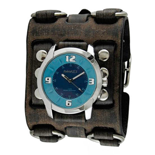 Blue Embossed Watch with Faded Black Wide Detail Leather Cuff Band FWB106L