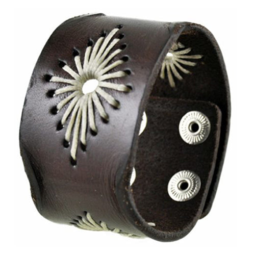 Brown Diamond Stitched Leather Bracelet Cuff Band 508B