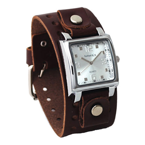 Silver Lite SQ Watch with Brown Leather Cuff Band DB516S