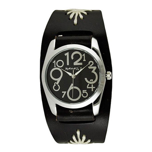 Black ShowGirl Watch with Junior Size Black Diamond Stitched Leather Cuff Band BF109K