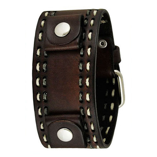 Dark Brown Double Stitched Leather Cuff Watch Band 22mm DBDSTH
