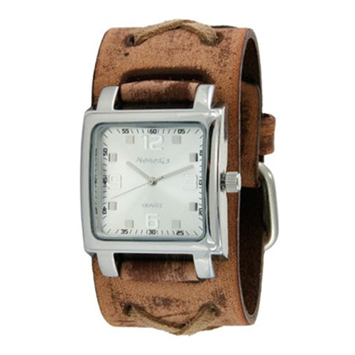 Silver Lite SQ Watch with Faded Brown X Leather Cuff Band 516BFXBS-S