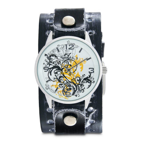 Yellow Plant Art Watch with BlackWhite Tribal Thorn Design Leather Cuff Band THR827N