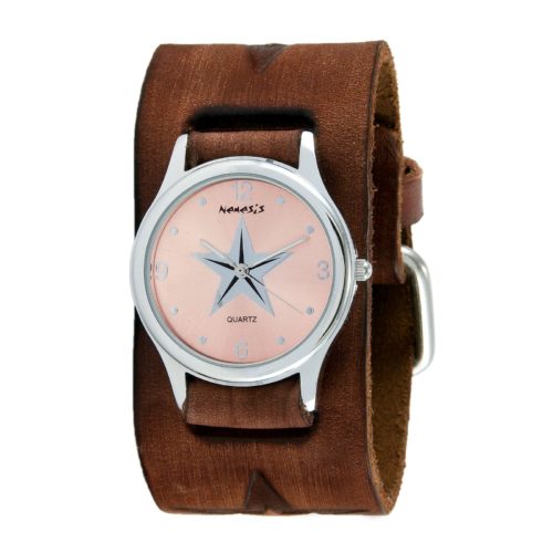 Pink Vintage Punk Rpck Star Watch with Faded Brown Embossed Star Leather Cuff Band 355BFST-P