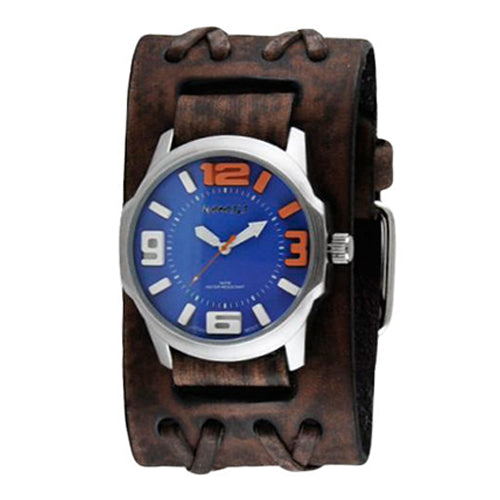 Blue Orange Embossed 3D Collection II Watch with Faded Brown Double X Leather Cuff Band BVDXB107L