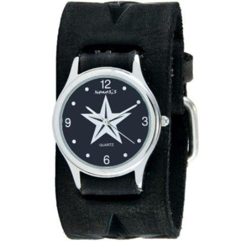 Black Vintage Punk Rock Star Watch with Faded Black Embossed Star Leather Cuff Band 355FST-K