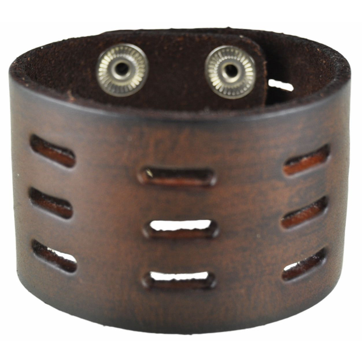 Perforated Dash Dark Brown Leather Wide Snap On Cuff