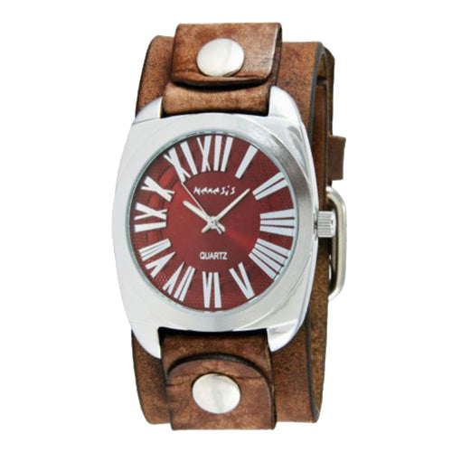 f.Red Retro Roman Watch with Faded Brown Leather Cuff Band 098BFBN