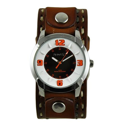 White Orange Embossed Watch with Brown Double Stitched Leather Cuff Band BDSTH106N