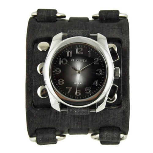 Black Oval Gradient Watch with Wide Detail Faded Black Leather Cuff Band FWB091K