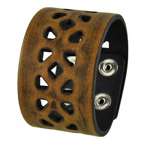 Brown Square Cube Cut Leather Cuff Snap On Bracelet 514B