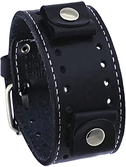 Hybrid Diver Blue/White Watch with White Stitched Black Leather Wide Cuff