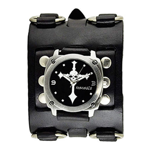 Black Skull Cross Watch with Black Wide Detail Leather Cuff Band WB927K