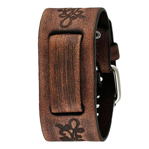 Faded Brown Embossed Flower Design Leather Cuff Watch Band 22mm BVFB
