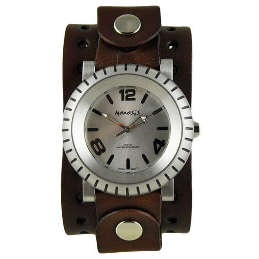 Silver Wheelman Watch with XL Basic Brown Leather Cuff Band BJB079S