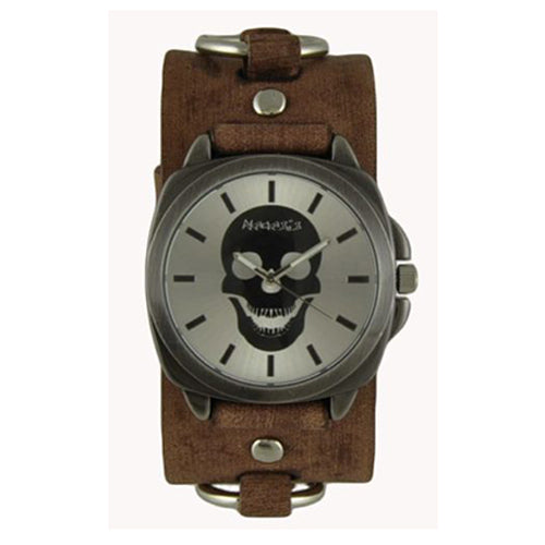Silver Skull Head Watch with Faded Brown Leather Ring Cuff Band BFRB935S
