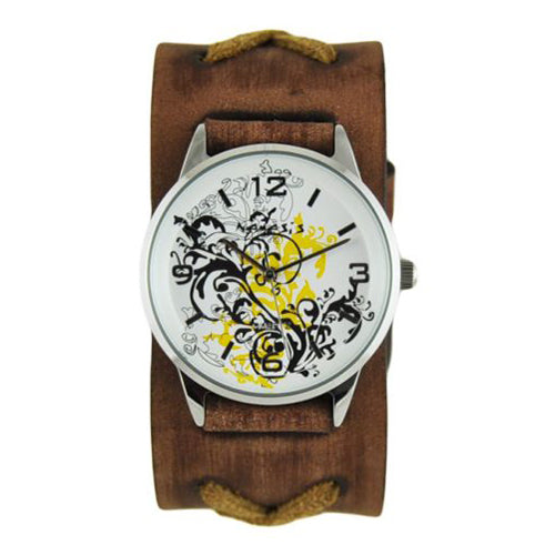 Yellow Plant Art Watch with Faded Brown X Leather Cuff Band BFXB827Y