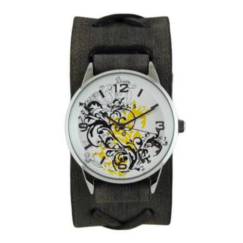 Yellow Plant Art Watch with Faded Black X Leather Cuff Band KFXB827Y