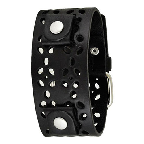 Black Styled Perforated Leather Cuff Watch Band 20mm WPBK