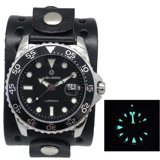 Moonwalker Luminous Black Diver with Perforated Black Leather Cuff