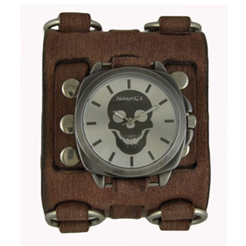 Silver Skull Head Watch with Faded Brown Wide Detail Ring Leather Cuff Band BFWB935S