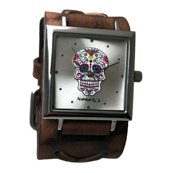 Day of The Dead Skull Gradient Silver Watch with Distressed Brown Leather Cuff BFXB955S