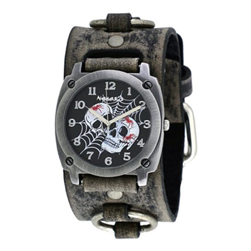 Black Web of Skulls Watch with Faded Black Ring Leather Cuff Band 931FRB-K
