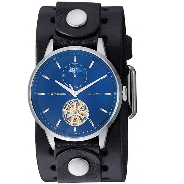 Tourbillon Day/Night Blue and White Hand Watch with Perforated Black Leather Cuff
