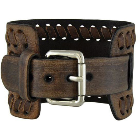 Teardrop Black Watch with Weaved Distressed Brown Leather Wide Cuff