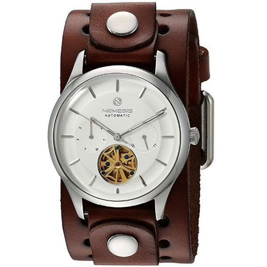 Tourbillon Day/Night White and Silver Hand Watch with Dark Brown Leather Cuff