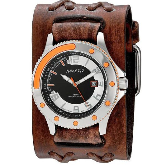 Sully Black/Orange/White Watch with Double X Distressed Brown Leather Cuff