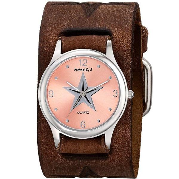 Vintage Star Ladies Pink Watch with Embossed Star Distressed Brown Leather Cuff