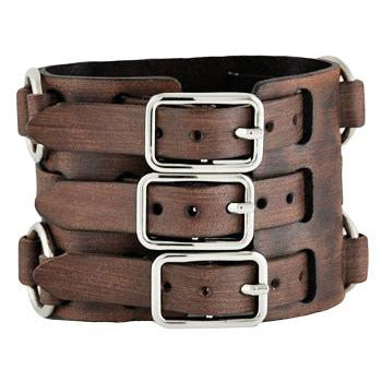 Red Dragon Gunmetal Black Watch with Double Ring Distressed Brown Leather Triple Strap Cuff