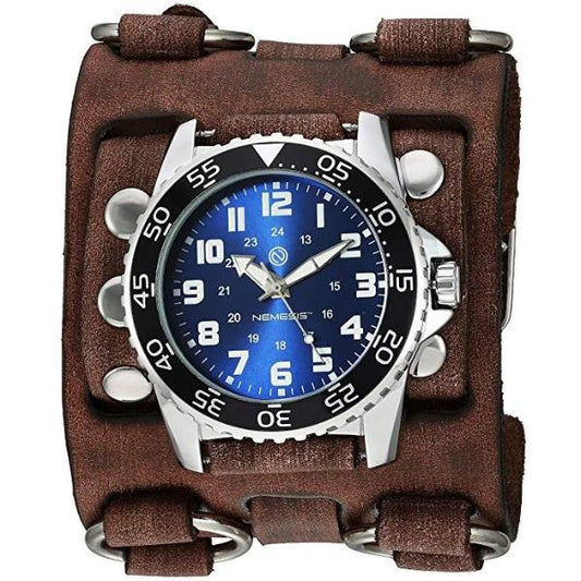 Hybrid Diver Blue/White Watch with Ring Bullet Distressed Brown Leather Triple Strap Cuff