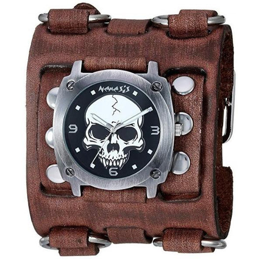 Skull Black Watch with Bullet Ring Distressed Brown Leather Ring Triple Strap Cuff