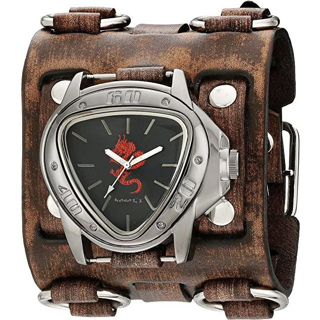 Red Dragon Gunmetal Black Watch with Double Ring Distressed Brown Leather Triple Strap Cuff