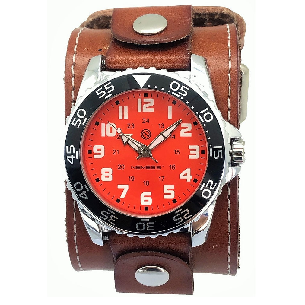 Hybrid Diver Blood Orange/White Watch with Stitched Khaki Leather Wide Cuff BLBB257N