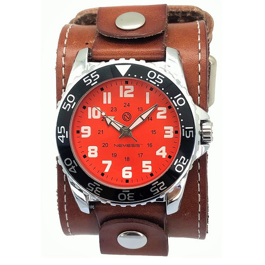 Hybrid Diver Blood Orange/White Watch with Stitched Khaki Leather Wide Cuff BLBB257N