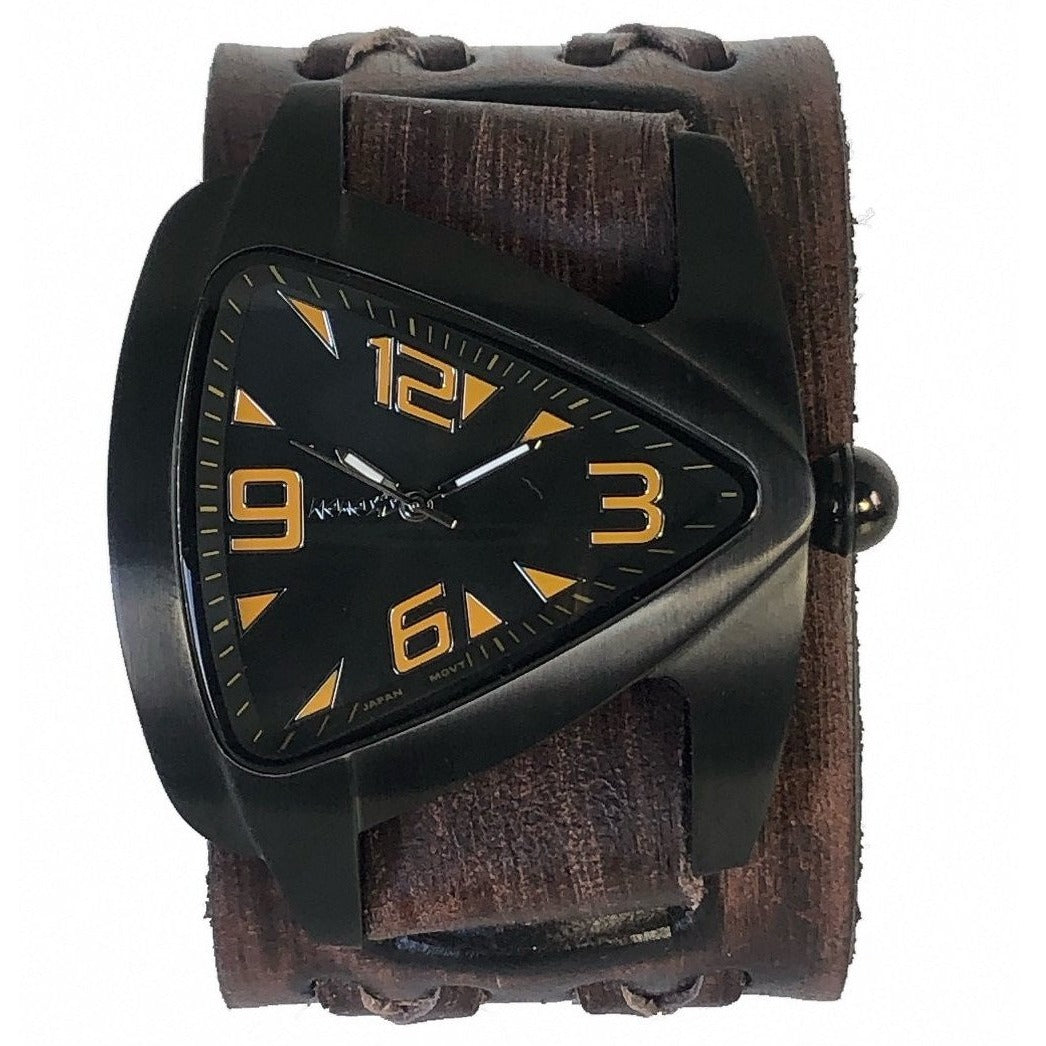 Teardrop Black Watch with Double X Distressed Dark Brown Leather Cuff