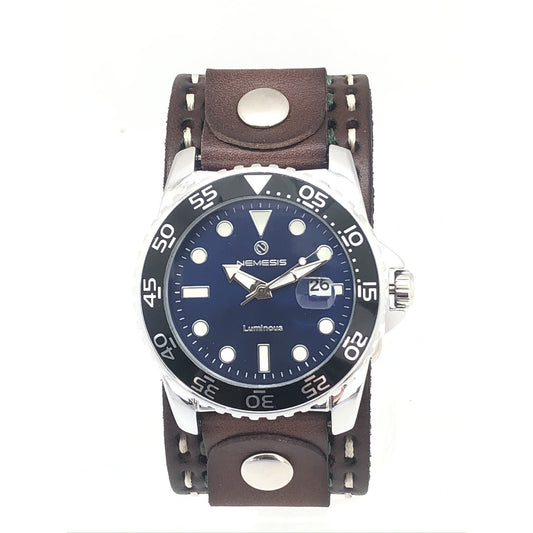 Moonwalker Luminous Blue Diver with White Stitched Brown Leather Cuff