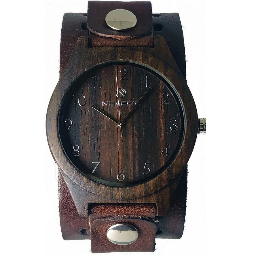 Mahogany Natural Wood Watch with Brown Leather Cuff DB266B