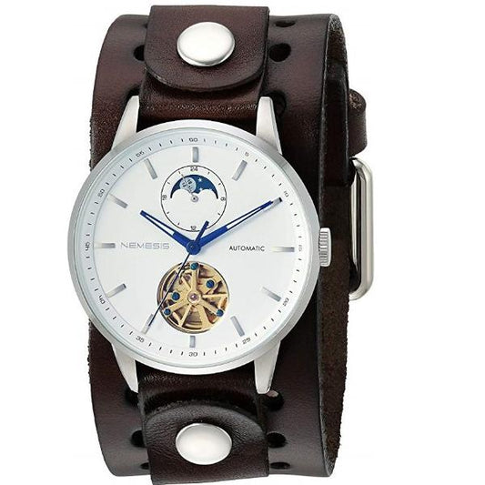 Tourbillon Day/Night White and Blue Hand Watch with Dark Brown Leather Cuff