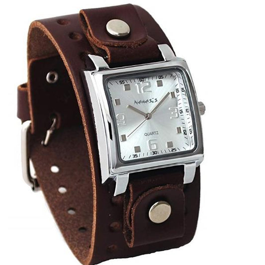 Lite SQ Silver Watch with Brown Leather Cuff